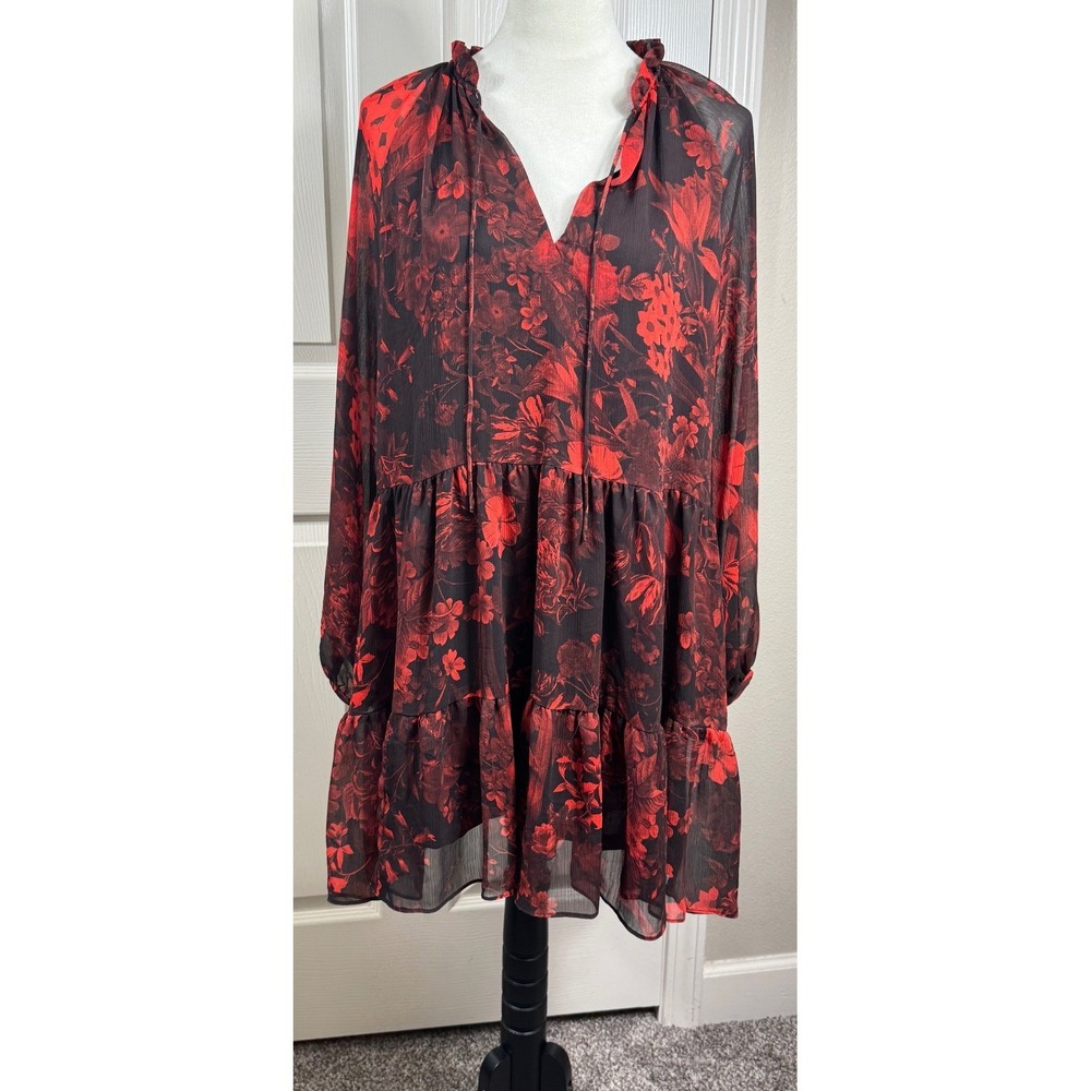 H&M Size 10 Floral Print Tiered Mini Dress Long‎ Sleeve Sheer Red Black Swing